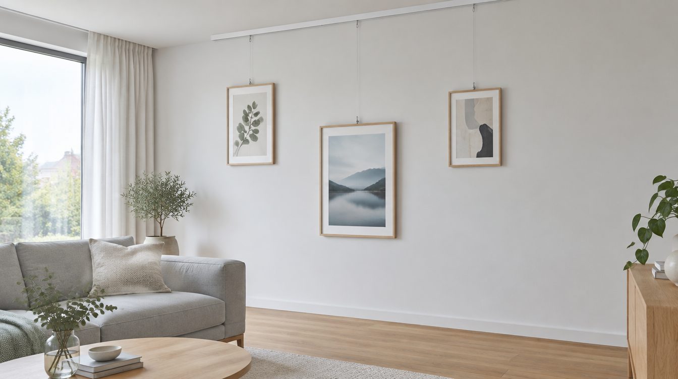 Wohnzimmer mit Galerieschiene unter der Decke und drei an Seilen hängenden Bildern (Symbolbild)