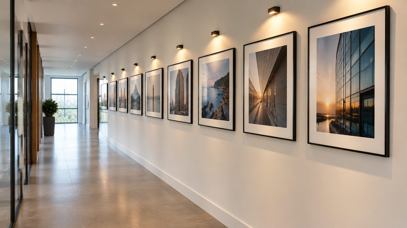 Büroflur mit einer Reihe gleich gerahmter Fotografien (Symbolbild)
