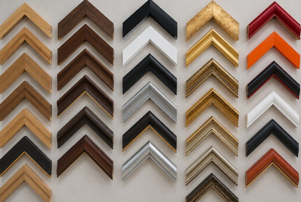 Wand mit Rahmenecken-Mustern in Holz, Schwarz, Weiß, Silber, Gold, Rot und Orange (Symbolbild)
