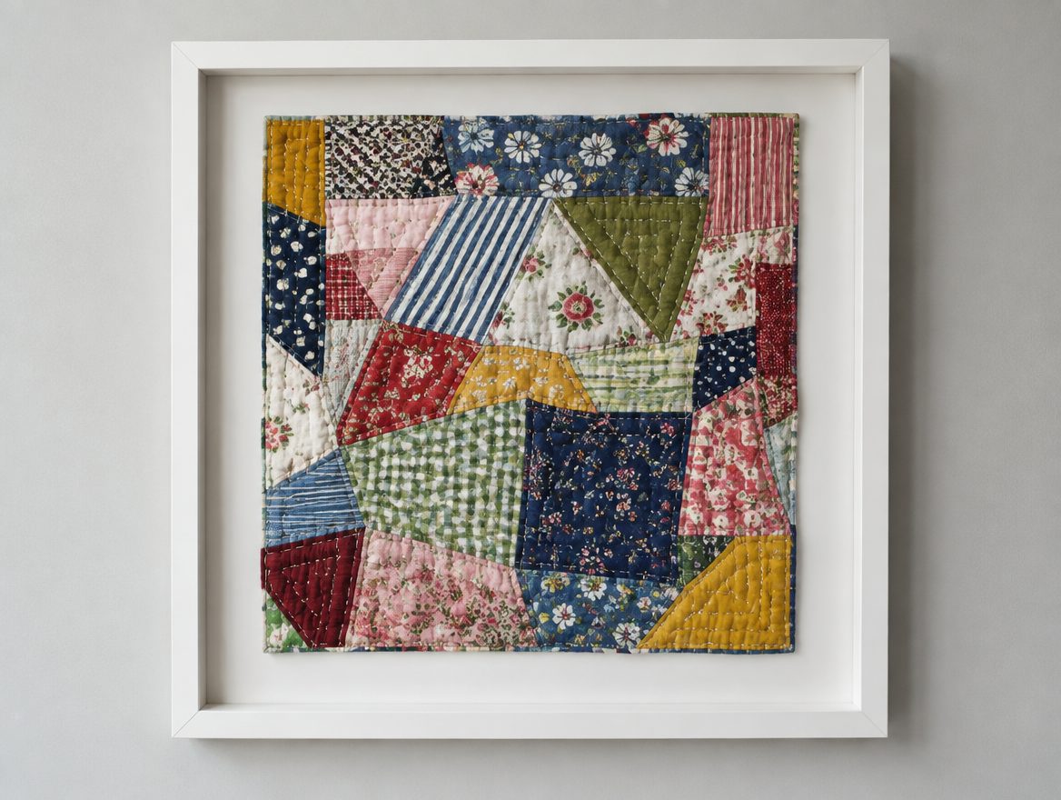 Bunter Patchwork-Quilt in einem tiefen weißen Objektrahmen (Symbolbild)